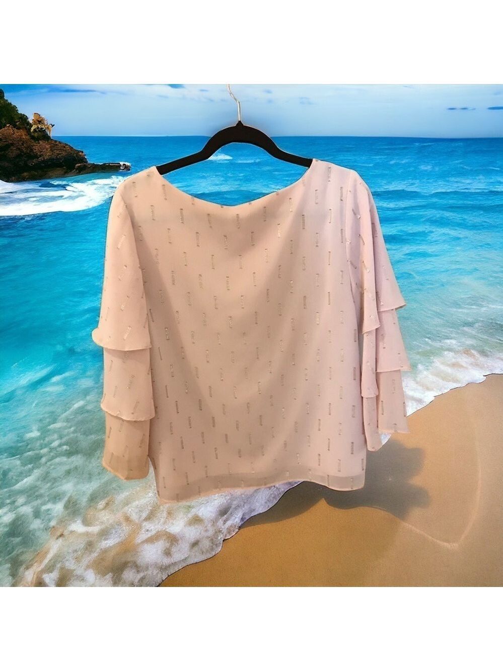 Chico's Women's Top Pale Pink Size 0 Flutter Sleeves Metallic Accents